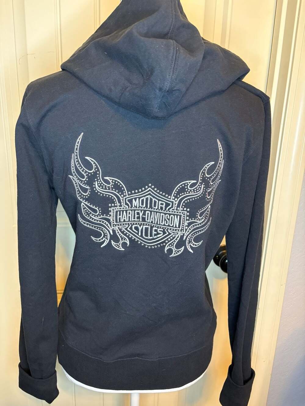 VTG Y2K Bling Harley-Davidson Zip Up Hoodie Black Rhinestone Flames Sz Med